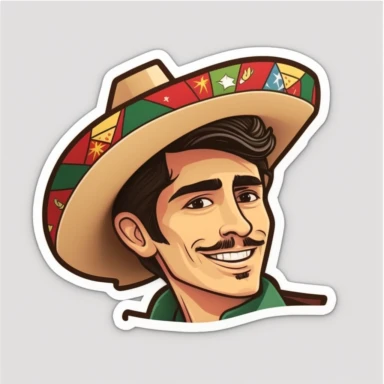 Pretty smiling Mexican young man wearing a sombrero, sinco de mayo background, realistic cartoon-style clipart sticker