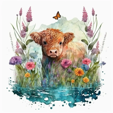 A mesmerizing watercolor clipart: a playful highland calf immersed in a dreamy watercolor garden with water, where vibrant flowers bloom with splashes of enchanting colors. Overflowing with whimsy and charm, this captivating artwork captures the innocence and magic of the calf's adventures. HD quality. Resolution: