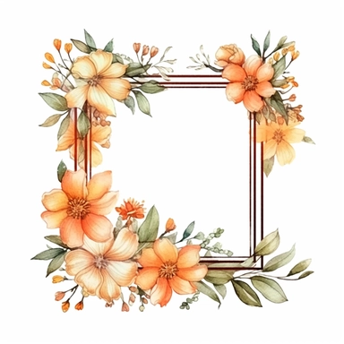 watercolor clipart of a empty suttle dainty floral rectangle frame surrounded by peach color flowers and cream color flowers. Capture the essence of blooming beauty and intricate details in your artwork, white background
