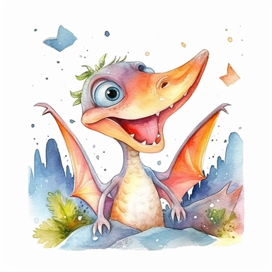 watercolored clipart with pterodactyl, funny and friendly, goofy, silly and playful dinosaur, colored, white background
