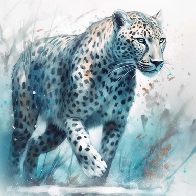 High level watercolor, hyper realistic, white background with fields, 8k, ultra detailed clipart, big, futuristic, cheetah walking through the forest, its frosty breath creates swirling snowflakes and ice formations in the air, fabulous, cool, pastel blue
