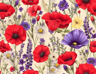 Vintage seamless pattern of vibrant red poppies as the focal point, surrounded by delicate white daisies, yellow yarrow, purple larkspur, and sprigs of lavender flower mix pencil sketch, ephemera paper design with ornate illustrations, vintage, distressed textures, muted colors, craft paper texture, handwriting lines in background, pen and ink on paper with watercolor washes Watercolor, vector, white background, rice paper texture, clipart, Seamless patterns, repeating patterns design, flat illu