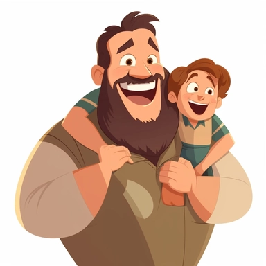 fathers day clipart, fat father wearing brown shirt, father hug son laughter, cartoonic, happy, and cute