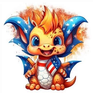 illustration of orange cute baby dragon, wearing red white and blue american flag colors, fireworks in background, 4th of july, clipart svg, white background