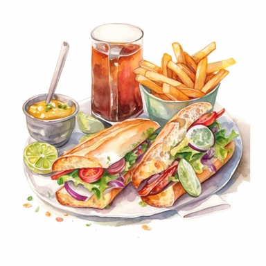 watercolor, hyper realistic, white background, white margins, 16k, ultra detailed clipart, cut out image, hand-drawn, whimsical a fresh baguette sandwich with ham, cheese, lettuce, and tomato, served with a small bowl of potato chips and a glass of iced tea on a bistro table