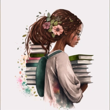 Watercolor effect, black woman with long braids holding stack of books in hand, looking to the other side, side view, hair covering her face, wearing jeans and a blouse, covered with flowers, pink, brown, and green fabric texture with watercolor effects, flowers, butterflies, clipart png 4k, 8k, Cozy pink, brown, and green