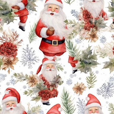 seamless, detailed watercolor, 1 christmas cute santa clipart, 5 fingers, hd, 4k, ultra quality, high quality,