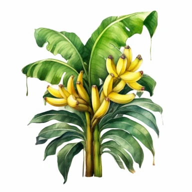 One banana tree Watercolor Clipart On a white background , detailed background elements, playful and colorful depictions , no watermark, text, words, paintbrush, typography, the images do not stick together On a white background , in the style of jane newland, detailed background elements, playful and colorful depictions , no watermark, text, words, paintbrush, typography, the images do not stick together