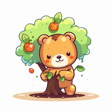 Clipart of a cute brown bear planting Apple tree kawaii style full multicolor white background