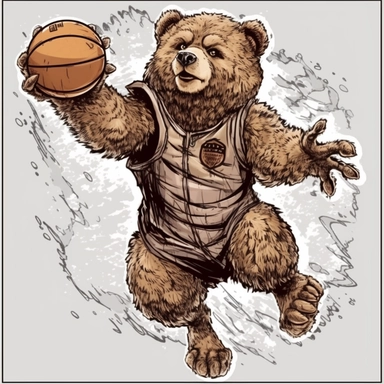 clipart, curly teddy bear dressed in a basketball uniform epic throws the ball into the basketball hoop, basketball, Beige, black-brown, tanned color, very detailed, white background, basketball style, van gogh style, maximalism, Painted By Akari Toriyama, luxury, lakers basketball team