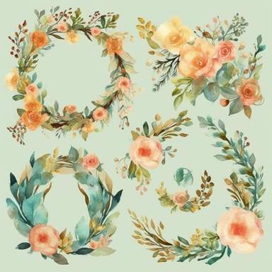 Design a set of watercolor-style digital cliparts specifically for wedding and event decorations. The cliparts should include elements such as flowers, garlands, wreaths, ribbons, and romantic symbols like hearts and doves. Consider various color palettes and styles to cater to both traditional and modern weddings and events. The cliparts should be versatile and suitable for use in invitations, save-the-date cards, menu cards, table cards, seating charts, and other decorative elements