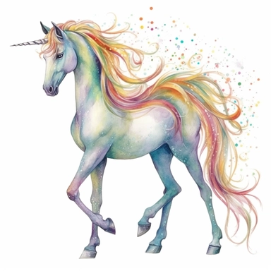 A graceful watercolor rainbow unicorn clipart set against a clean white background, its shimmering mane and tail painted with translucent watercolor washes, capturing the ethereal beauty of the rainbow, the unicorn's body decorated with intricate details and delicate splatters of color, evoking a sense of grace and elegance, Artwork, mixed media collage, very detailed