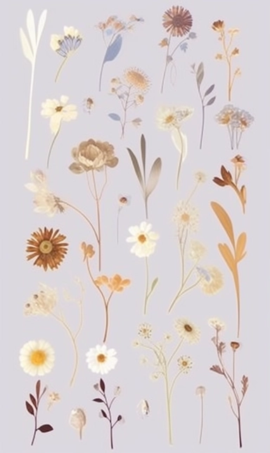 clipart sheet, flowers, in the style of transparent/translucent medium, fawncore, light gold and silver, feminine sticker art, nostalgic minimalism, emotive fields of color, cottagepunk
