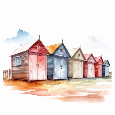 beautiful colored beach huts in holland on the beach watercolor illustration clipart on white background