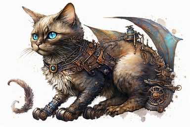 watercolor clipart, A beautiful cat with a steampunk-style mechanical bat on its back, hd, on white background,