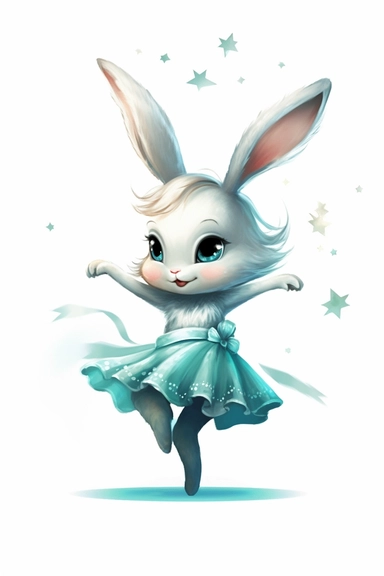 a cute bunny in a light teal dance tutu twirling, cartoon, clipart, white background with starts