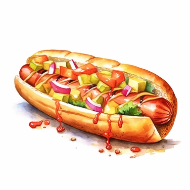 an enchanting watercolor, hyper-realistic clipart image with a white background and white margins, featuring a Sonoran hot dog wrapped in bacon and topped with pinto beans, onions, tomatoes, mayonnaise, mustard, and jalapeño salsa. The ultra-detailed, hand-drawn elements capture the layers of flavors and textures in this unique hot dog. Use whimsical touches to add a touch of Southwest charm, and bold shades of various colors to evoke the fusion of Mexican and American influences in this regiona