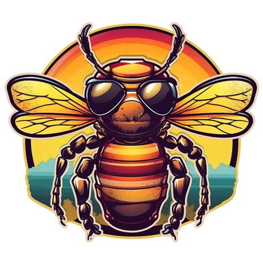 very detailed cutout design of a cartoonized bee wearing sunglasses, with retro summer sunset, full color, laid flat on white background, vector illustration, flat comic style by Jim Steranko, Sublimation Clipart ,Cartoon,hyper realistic, intricate detail, illustration style,high solution,on the white background