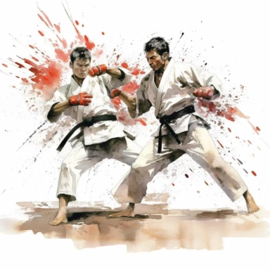 Karate fight, highly detailed, watercolor, clipart, illustration, white background, digital painting, paper crafting, no signature, no text