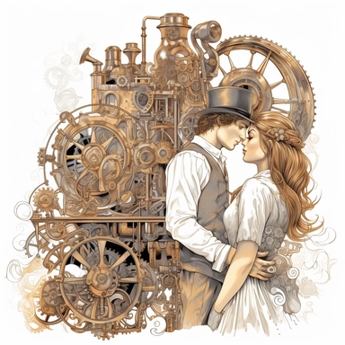 N the presence of a magnificent steampunk steam train, a couple embraces for their first kiss. The intricate clockwork mechanisms, ornate ironwork, and vintage charm create a captivating backdrop for their romantic moment. Ultra high quality, intricate detail, retro - futurism, pastel clipart, white background