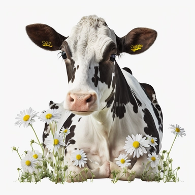 Dairy Cow Clipart with Daisy Flowers, white background