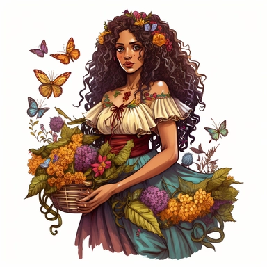 a gorgeous Indian woman, curly hair with ruffles, big basket with flowers in her hand, Leonardo Da Vinci style, luxury, chain of flowers in the background, butterflies, dandelions, vibrant colors, dressed in several dresses, white background, clipart
