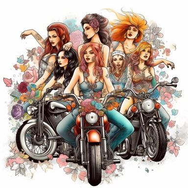 group of heavily tatted biker chicks pixie fairy flowers colorful Harley davidson theme clip art