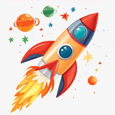 cute cartoon rocket ship, colorful, clipart, white background