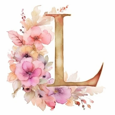Clipart, Watercolor, Delicate, fine line, Gold Alphabet letter L, with soft pink flowers, pastel colors, hand-draw, texture