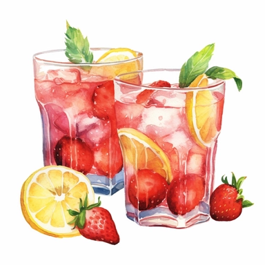 watercolor summer strawberry lemonade in different glasses, in the style of Cecily Mary baker, white background, clipart