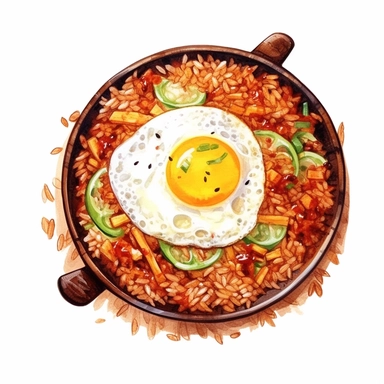 Nasi Goreng (Fried Rice) logo watercolor,simple Watercolor, hyper realistic, white background, white margins, 16k, ultra detailed clipart, cut out image, hand - drawn, whimsical manhwa style, ultra HD, sharp and clean art