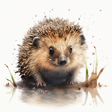 Woodland fluffy hedgehog Clipart Watercolor, cute, lovely, happy, funny, friendly full body furry brown grey baby hedgehog, large emotive eyes, intense gaze, looking straight, watercolour, looking surprised and cute, white background, no plants, no grass, nursery clipart