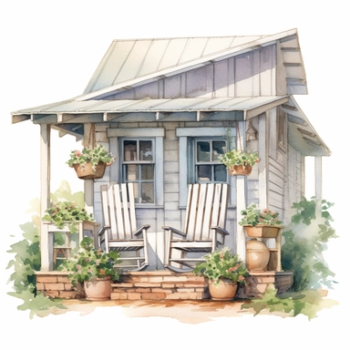 watercolor Close look of Farmhouse Porch, rocking chairs, flowers in pots Clipart