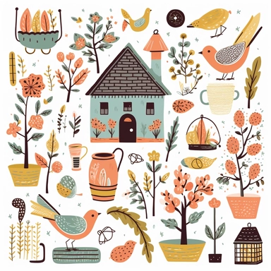 spring clipart pictures, illustrations, stamps, elements, in the style of muted colours, dotted, found objects, pigeoncore, cottagecore, animated gifs, paper cut-outs white space around objects, objects separated in the style of clip art, 2x spaced out, isolated white background s 750