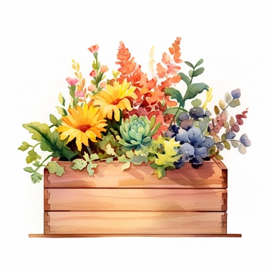 clipart, a watercolor painting of a wooden flower box filled with beautiful flowers and plants, in the style of yanjun cheng, colorful animations, rough clusters, clean and simple designs, leica cl, warm color palettes, colorful washes, white background--ar 34:33