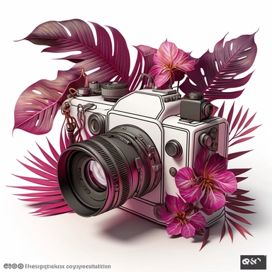 clipart of an old fashioned photo camera 1 photo lens only, surrounded by an intricate arrangement of dramatic extravagant digital 3D fushia tropical palm leaves, in the style of large-scale photography, lush detailing, cartoon style, playfully intricate, made of flowers, bloomcore, exotic ambiant, 8K, white background