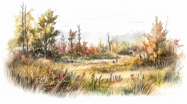 realistic burnished watercolored pencil meadow scene clipart, detailed, on white background, spaced out