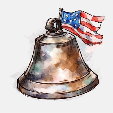 watercolor, 4th of July Liberty Bell - Clip art of the Liberty Bell, an iconic symbol of American independence. png Full body realistic cartoon in 32K UHD cute. 15 cm thick outline. Black color. There was no shadow on the ground. 8k with realistic watercolors and detailed illustrations. PNG clipart, transparent white background