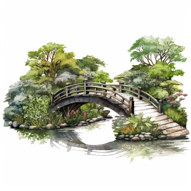 one garden bridge clipart on a white background, in the style of chie yoshii, heavy texture, artgerm, hiroshige, realistic and naturalistic textures, nature-inspired shapes, die brücke , no watermark, text, 300 DPI , typography, shapes do not stick together, no text in the picture, on a white background