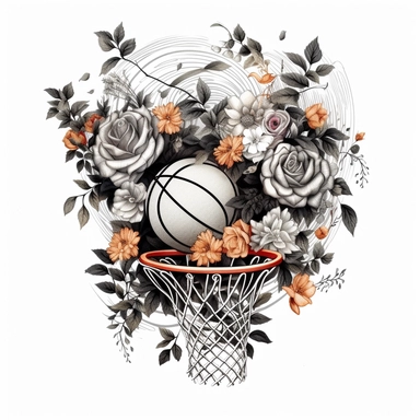 detailed black and white clipart of a beautiful basketball with flowers and leaves, white background, hd, no shadows by frank stella