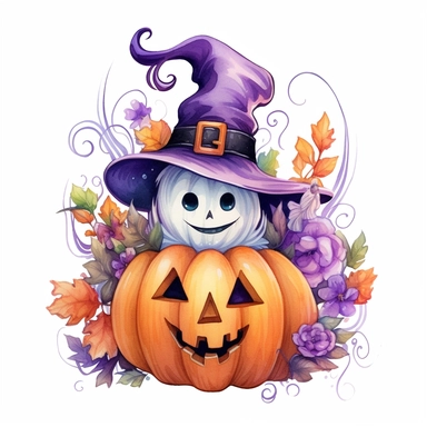 Cute Ghost wearing a Halloween hat, pumpkin, purple flowers, Halloween sublimation, watercolor, digital painting, highly detailed, realistic,style by Lucy Fleming, watercolor, smooth gradients, black contour outline, ultra detailed, clipart elements, delicate pastel colors, solid white background, super clear, high quality