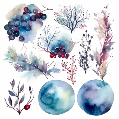 6 watercolor fancy winter clipart, isolated on white background,space out--ar3:2--s1000