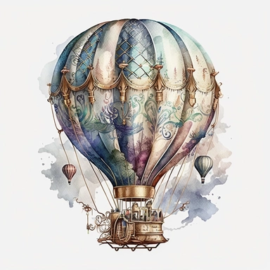 Design a watercolor style hot air balloon with intricate brass fittings, a steam-powered burner, and a network of cables and ropes for stability. High resolution with white background. 4k clipart