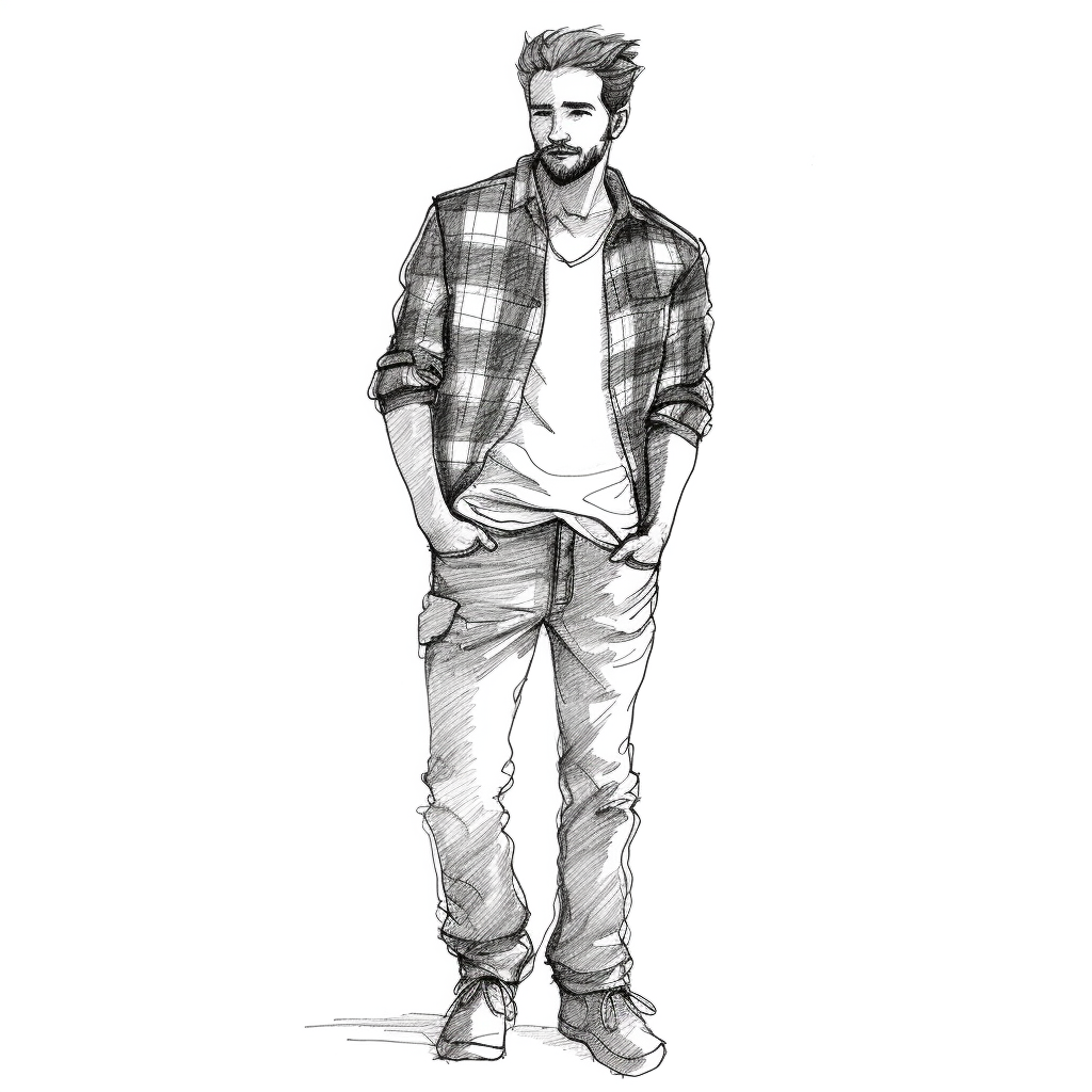 Man in flannel shirt and jeans, hands not in pocket, black line drawing ...