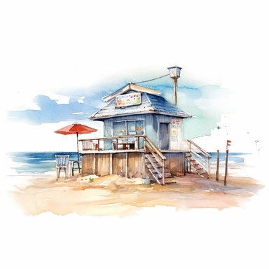 a watercolor clipart on isolated white background of a cocktail bar on an ocean beach.