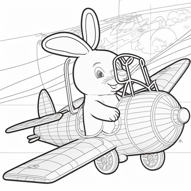 hyper specialyzed coloring page for kids, carrot pilot rabbit on biplane with clear background, white background, hand drawn line art, clipart, no fill, no dither