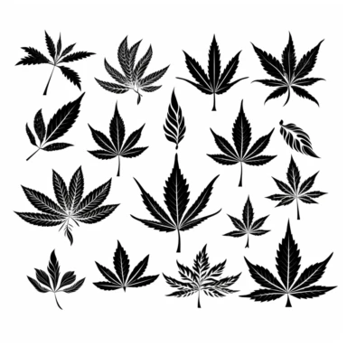 Illustration hand draw style of kawaii cannabis leafs, black and white , clipart collection, clean lines, vector line, white background