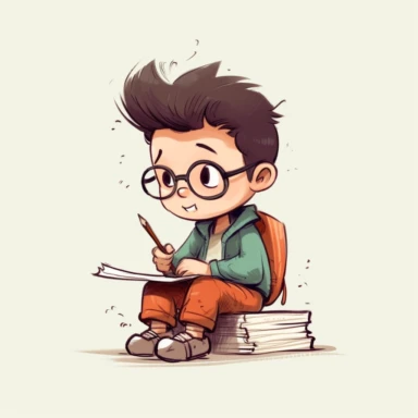 Little boy character sitting and writing in a notebook, no background, kids style, 2D, vector, good quality, Pixar children's book illustration, vector, cartoon character, hand drawing, clipart
