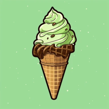 Create a clipart featuring mint chocolate ice cream in a waffle cone. The ice cream should be a vibrant green color and topped with dark chocolate shavings. The background should be white to make the colors pop. The waffle cone should be textured with light brown lines to give it a realistic look. The image should be fun, playful, and perfect for use in dessert blogs or as a social media graphic for ice cream shops.