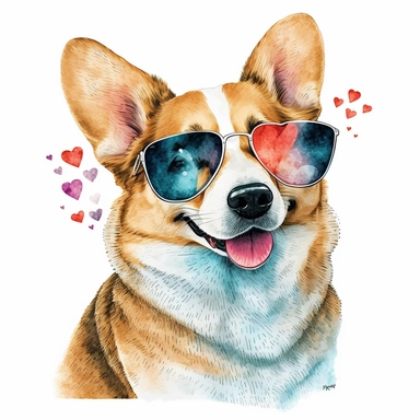 A cartoonish watercolor clipart portrait of a corgi wearing heart-shaped sunglasses, with a white background. The corgi has a playful and romantic expression, with its tongue out or a kissy face. The clipart has a cute and charming style, with a lot of glitter and sparkles on the glasses